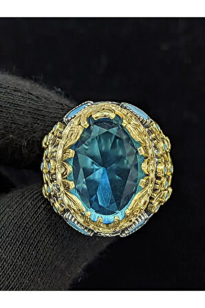 Yaşam Ağacı Modelli  Oval Aqua Marin Taşlı 925 Ayar Erkek Gümüş Yüzük