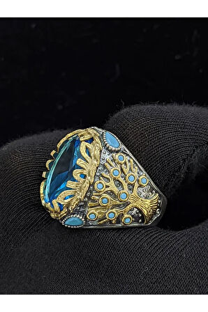 Yaşam Ağacı Modelli  Oval Aqua Marin Taşlı 925 Ayar Erkek Gümüş Yüzük