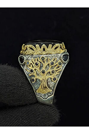 Yaşam Ağacı Modelli  Oval Oniks Taşlı 925 Ayar Erkek Gümüş Yüzük