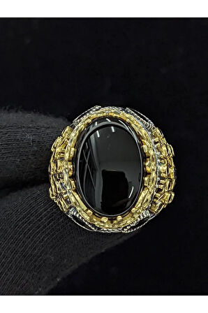 Yaşam Ağacı Modelli  Oval Oniks Taşlı 925 Ayar Erkek Gümüş Yüzük