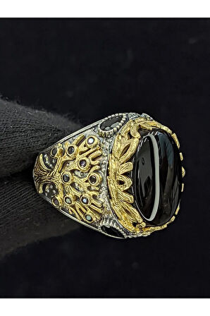 Yaşam Ağacı Modelli  Oval Oniks Taşlı 925 Ayar Erkek Gümüş Yüzük