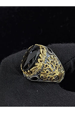 Yaşam Ağacı Modelli  Oval Oniks Taşlı 925 Ayar Erkek Gümüş Yüzük