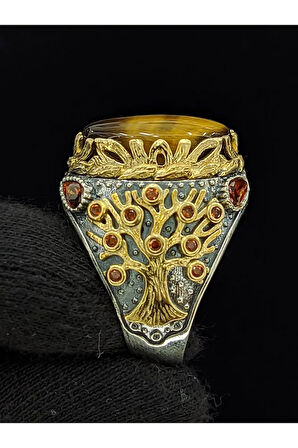 Yaşam Ağacı Modelli   Oval Kaplan Gözü Taşlı 925 Ayar Erkek Gümüş Yüzük