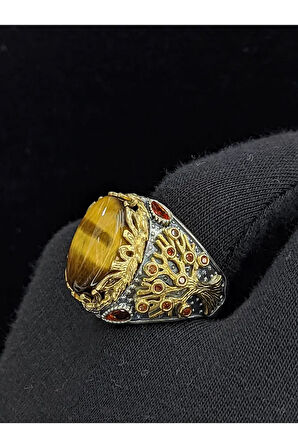 Yaşam Ağacı Modelli   Oval Kaplan Gözü Taşlı 925 Ayar Erkek Gümüş Yüzük