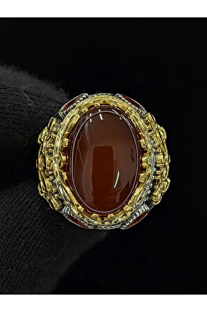 Yaşam Ağacı Modelli   Oval Akik Taşlı 925 Ayar Erkek Gümüş Yüzük