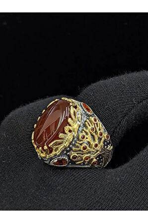 Yaşam Ağacı Modelli   Oval Akik Taşlı 925 Ayar Erkek Gümüş Yüzük