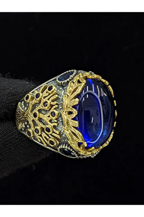 Yaşam Ağacı Modelli  Oval Parlak Safir Cam Taşlı 925 Ayar Erkek Gümüş Yüzük