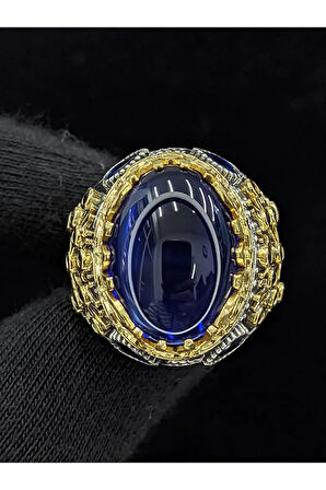 Yaşam Ağacı Modelli  Oval Parlak Safir Cam Taşlı 925 Ayar Erkek Gümüş Yüzük