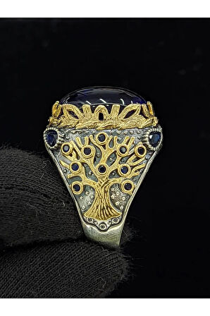 Yaşam Ağacı Modelli  Oval Parlak Safir Cam Taşlı 925 Ayar Erkek Gümüş Yüzük