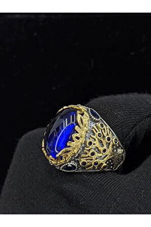 Yaşam Ağacı Modelli  Oval Parlak Safir Cam Taşlı 925 Ayar Erkek Gümüş Yüzük