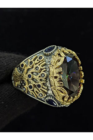 Yaşam Ağacı Modelli   Mistik Topaz Taşlı 925 Ayar Erkek Gümüş Yüzük