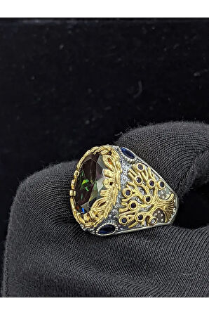 Yaşam Ağacı Modelli   Mistik Topaz Taşlı 925 Ayar Erkek Gümüş Yüzük