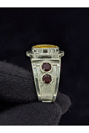 Taş İşlemeli El Yapımı Sitrin Taşlı 925 Ayar Erkek Gümüş Yüzük