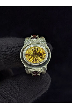 Taş İşlemeli El Yapımı Sitrin Taşlı 925 Ayar Erkek Gümüş Yüzük