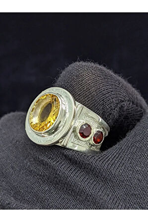 Taş İşlemeli El Yapımı Sitrin Taşlı 925 Ayar Erkek Gümüş Yüzük