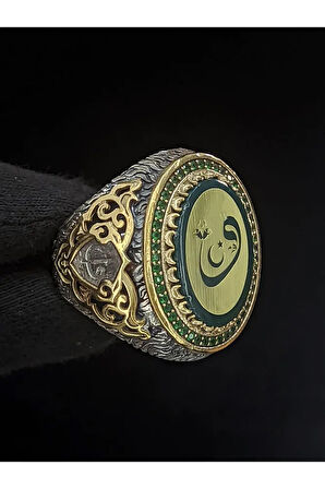 Vav Harfli Taş Detaylı 925 Ayar Gümüş Erkek Yüzük | El Yapımı Zarif Takılar | Benzersiz Tasarım