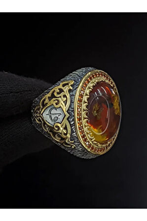 Fosil Kehribar Vav Harfli 925 Ayar Gümüş Erkek Yüzük | Detaylı Taş Tasarımı l El Yapımı