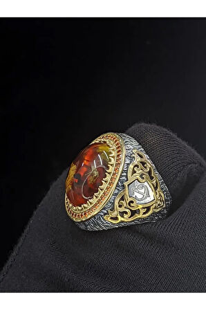 Fosil Kehribar Vav Harfli 925 Ayar Gümüş Erkek Yüzük | Detaylı Taş Tasarımı l El Yapımı