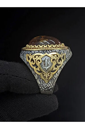 Fosil Kehribar Vav Harfli 925 Ayar Gümüş Erkek Yüzük | Detaylı Taş Tasarımı l El Yapımı