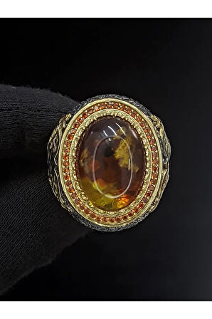 Fosil Kehribar Vav Harfli 925 Ayar Gümüş Erkek Yüzük | Detaylı Taş Tasarımı l El Yapımı