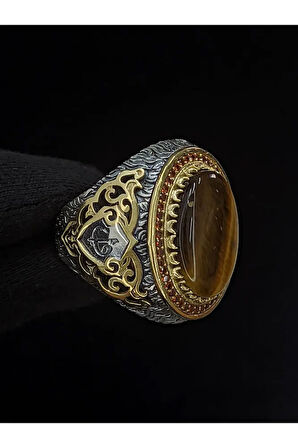 925 Ayar Gümüş Vav Harfli Kaplan Gözü Erkek Yüzük | Detaylı Taş Tasarımı | El Yapımı