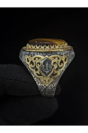 925 Ayar Gümüş Vav Harfli Kaplan Gözü Erkek Yüzük | Detaylı Taş Tasarımı | El Yapımı