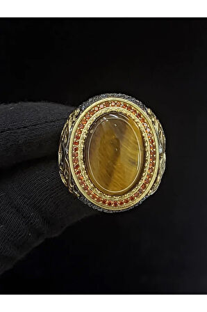 925 Ayar Gümüş Vav Harfli Kaplan Gözü Erkek Yüzük | Detaylı Taş Tasarımı | El Yapımı