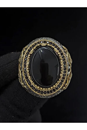 Oniks Vav Harfli 925 Ayar Gümüş Erkek Yüzük | Detaylı Taş Tasarımı | El Yapımı Benzersiz Takılar