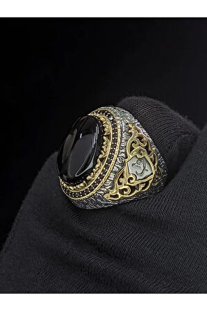 Oniks Vav Harfli 925 Ayar Gümüş Erkek Yüzük | Detaylı Taş Tasarımı | El Yapımı Benzersiz Takılar