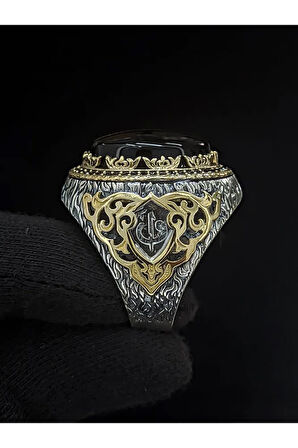 Oniks Vav Harfli 925 Ayar Gümüş Erkek Yüzük | Detaylı Taş Tasarımı | El Yapımı Benzersiz Takılar