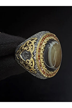 Süleyman Gözü Taşlı Vav Harfli 925 Ayar Gümüş Erkek Yüzük | Detaylı Taş Tasarımı