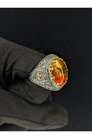 Cami Figürlü Fosil Kehribar Taşlı 925 Ayar Gümüş Yüzük-SN9156