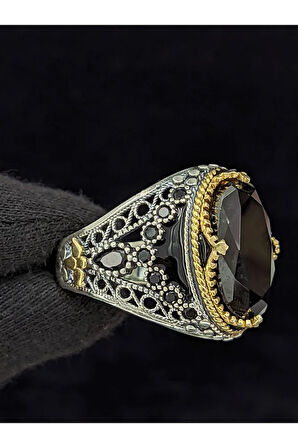 Otantik İşlemeli Mineli Oval Zirkon Taşlı  925 Ayar Erkek Gümüş Yüzük