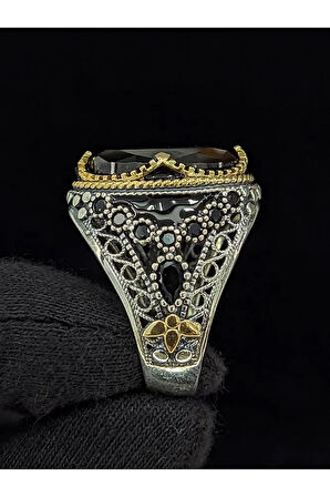 Otantik İşlemeli Mineli Oval Zirkon Taşlı  925 Ayar Erkek Gümüş Yüzük