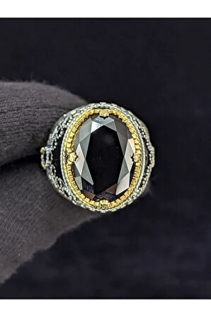 Otantik İşlemeli Mineli Oval Zirkon Taşlı  925 Ayar Erkek Gümüş Yüzük