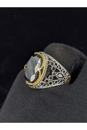 Otantik İşlemeli Mineli Oval Zirkon Taşlı  925 Ayar Erkek Gümüş Yüzük