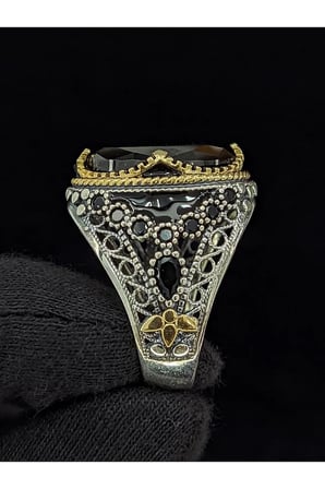 Otantik İşlemeli Mineli Oval Zirkon Taşlı  925 Ayar Erkek Gümüş Yüzük
