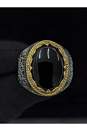 Otantik İşlemeli Mineli Oniks Taşlı  925 Ayar Erkek Gümüş Yüzük