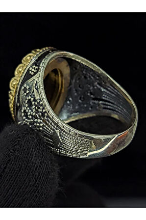 Otantik İşlemeli Mineli Oniks Taşlı  925 Ayar Erkek Gümüş Yüzük