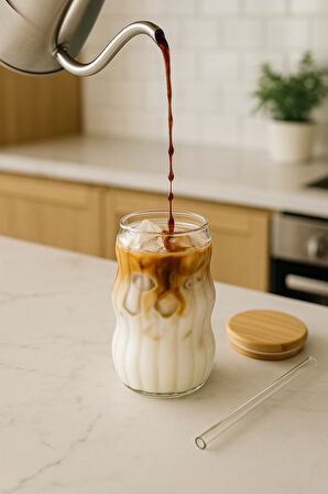 Kahve Bardağı Isıya Dayanıklı Ice Latte Cam Pipetli Bardak Kahve Kokteyl Cam Sunum Bardağı 400ml 