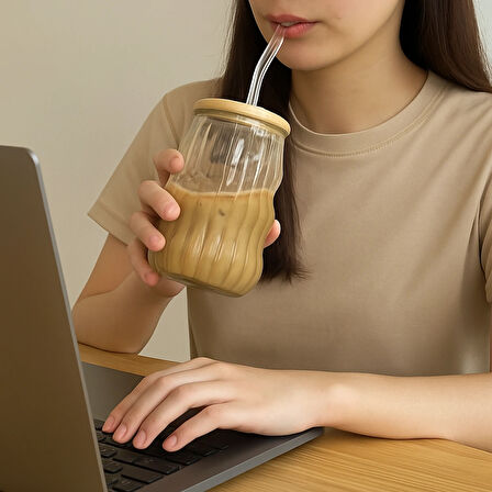 Kahve Bardağı Isıya Dayanıklı Ice Latte Cam Pipetli Bardak Kahve Kokteyl Cam Sunum Bardağı 400ml 