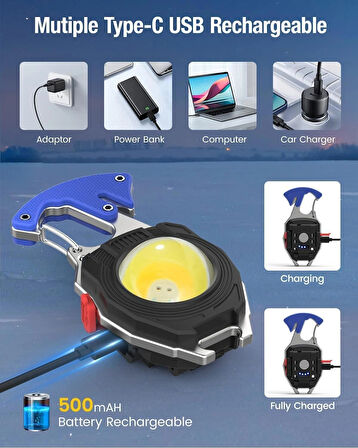 Mini el feneri, COB anahtarlık, el feneri, 7 modlu, USB şarj edilebilir çalışma lambası, 800 lümen, çok fonksiyonlu, taşınabilir, acil durum Kamp Feneri Çok Fonksiyonlu Fener