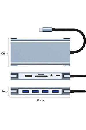 Desingshop 11'li Type-C USB Çoklayıcı Adaptör - HDMI, VGA, 4x USB, LAN, SD Kart snckusb9070