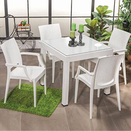 Rattan Small Lüx Camlı Beyaz Masa Takımı Bahçe&balkon 1 Camlı Masa + 4 Sandalye