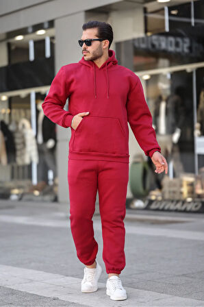 Erkek Bordo 3 İplik Şardonlu Alt Üst Spor Eşofman Takımı İçi Polar Oversize Beden Lastikli Paça