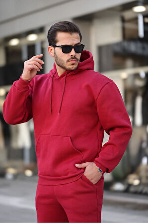 Erkek Bordo 3 İplik Şardonlu Alt Üst Spor Eşofman Takımı İçi Polar Oversize Beden Lastikli Paça