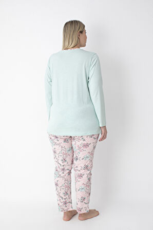 Yeşil Çiçek Desenli Büyük Beden Pijama Takımı