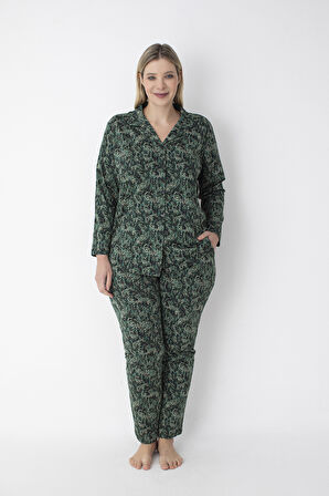 Yeşil Desenli Pamuklu Büyük Beden Gömlek Pantolon Pijama Takımı