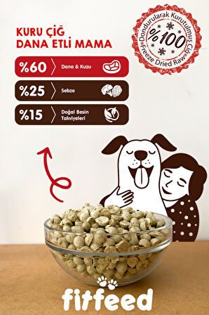 Freeze-Dried Kuru Çiğ Köpek Maması - %60 Dana & Kuzu - 300g