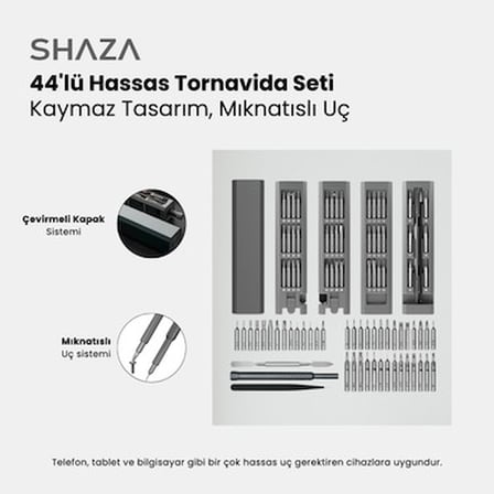 44 parçalık hassas tornavida seti, mıknatıslı alüminyum kasasıyla